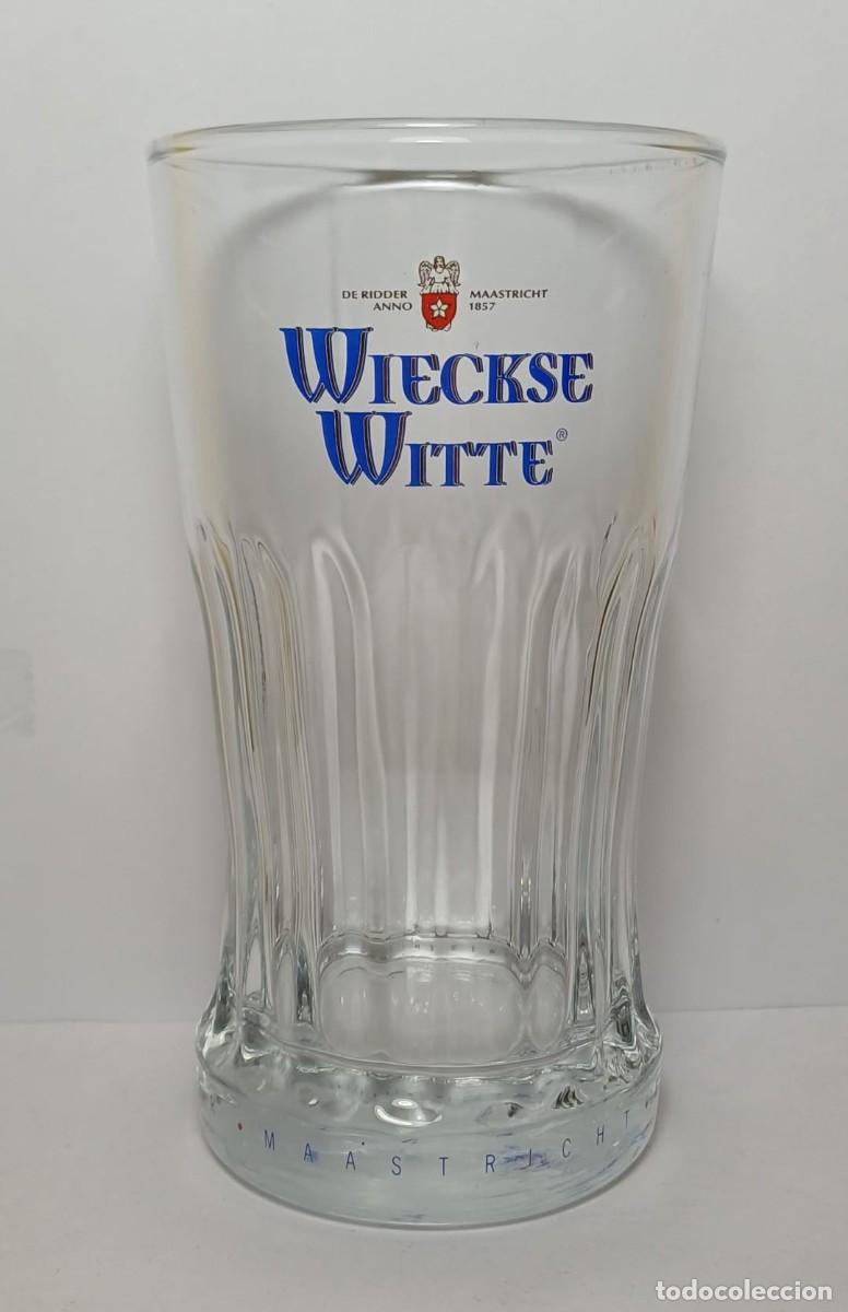 Coleccionismo de cervezas: Vaso original Wieckse Witte, cerveza de trigo neerlandesa elaborada en Maastricht por De Ridder. Mo