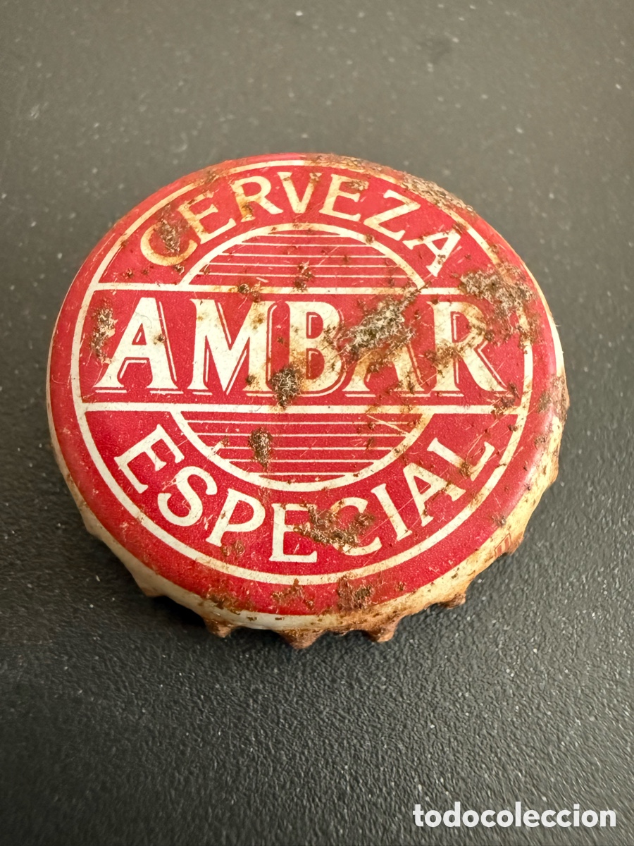 Coleccionismo de cervezas: Chapa Cerveza. AMBAR ESPECIAL. Rojo claro. Rayas. Letras normales. A&ntilde;os 80