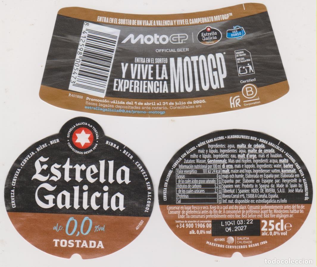 Coleccionismo de cervezas: etiqueta cerveza ESTRELLA GALICIA 0,0 TOSTADA MOTO GP 2026 25cl beer labels bier birra SOY.YO