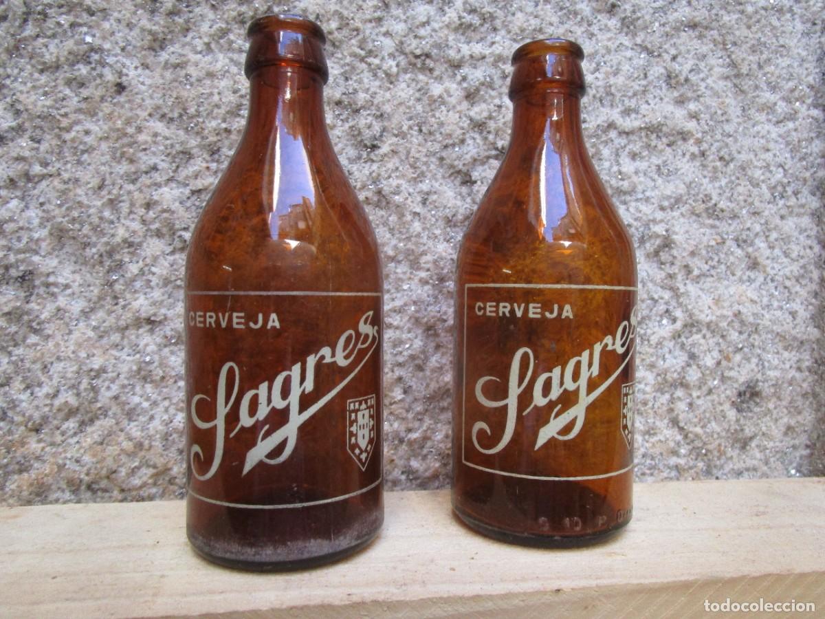 Coleccionismo de cervezas: CERVEJA CERVEZA &rdquo; SAGRES PORTUGAL &rdquo; 2 BOTELLINES TERCIOS SERIGRAFIADOS, APROX 1960. + INFO