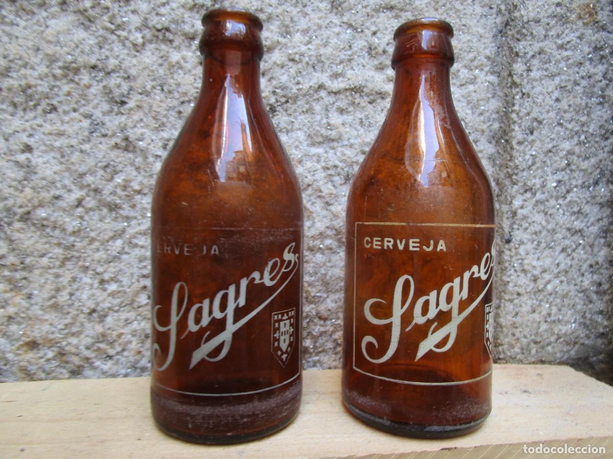 Coleccionismo de cervezas: CERVEJA CERVEZA &rdquo; SAGRES PORTUGAL &rdquo; 2 BOTELLINES TERCIOS SERIGRAFIADOS, APROX 1960. + INFO