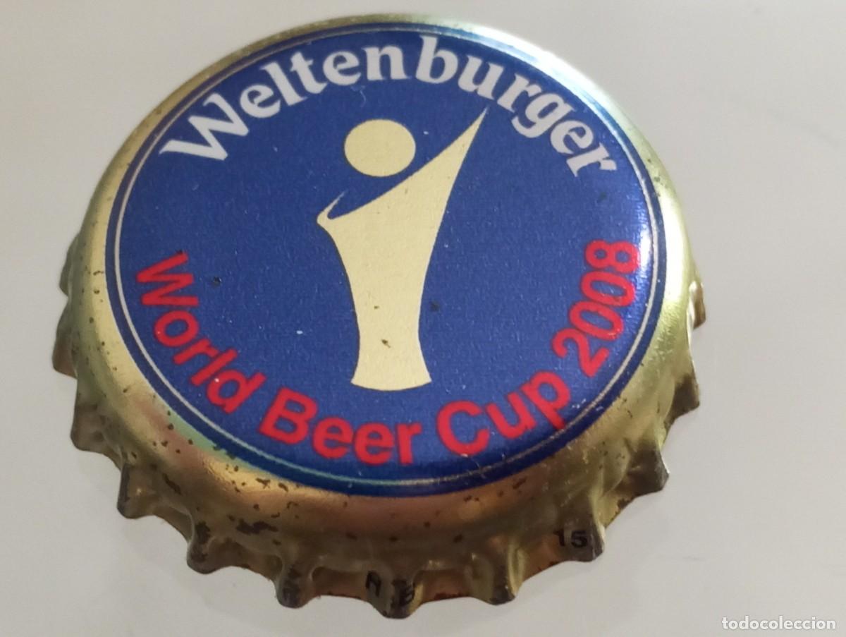 Coleccionismo de cervezas: Chapa tap&oacute;n corona de la cerveza alemana WELTENBURGER WORLD BEER CUP 2008 (falda dorada)