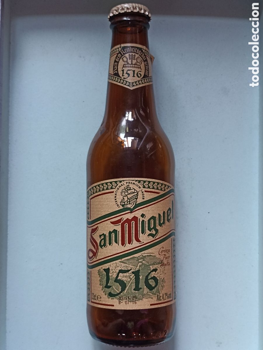 Coleccionismo de cervezas: Botella cerveza San Miguel 1516 vac&iacute;a con chapa 330 ml