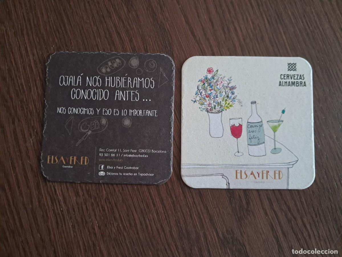 Coleccionismo de cervezas: posavasos de cerveza, Alhambra, con publicidad gastrobar Elsa y Fred, Barcelona.