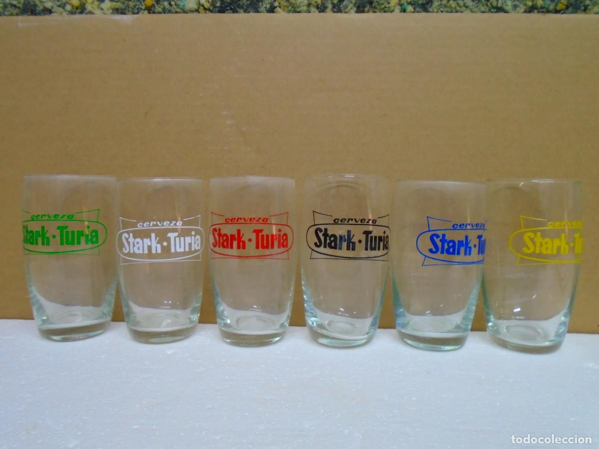Coleccionismo de cervezas: CERVEZAS&rdquo;STARK-TURIA&rdquo; VALENCIA.SERIE COMPLETA DE 6 VASOS SERIGRAFIADOS(DIFERENTES COLORES)A&Ntilde;OS 60.