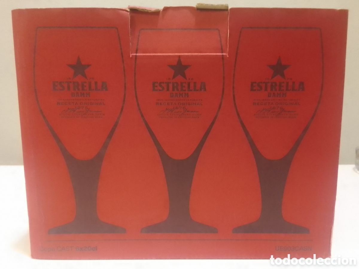 Coleccionismo de cervezas: Caja con seis copas cerveza ESTRELLA DAMM 20 cl.