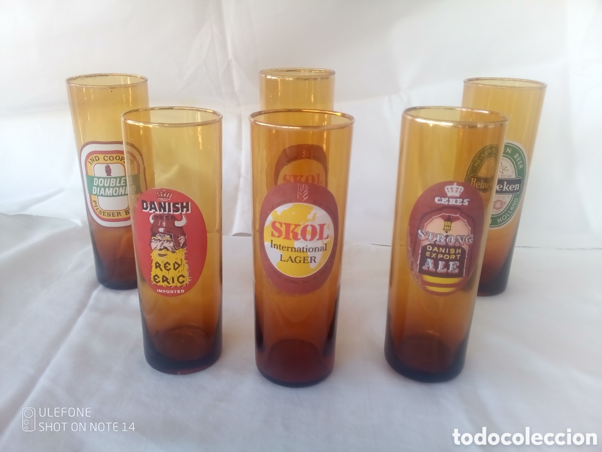 Coleccionismo de cervezas: JUEGO SEIS VASOS CRISTAL AMBAR CERVEZAS - SKOL - HEINEKEN - DOUBLE DIAMOND - STRONG - RED ERIC
