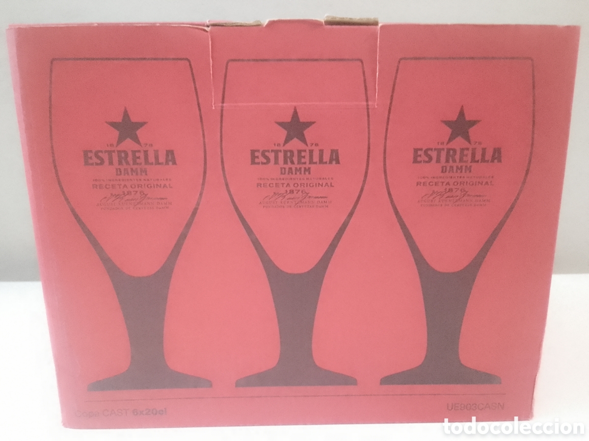 Coleccionismo de cervezas: Caja con seis copas cerveza ESTRELLA DAMM 20 cl.