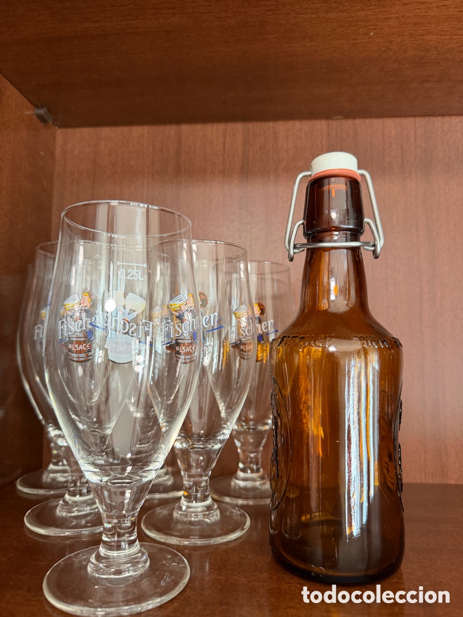 Coleccionismo de cervezas: Juego de 6 copas de cerveza Fischer Alsace (0,25L) y botella vac&iacute;a de tap&oacute;n mec&aacute;nico