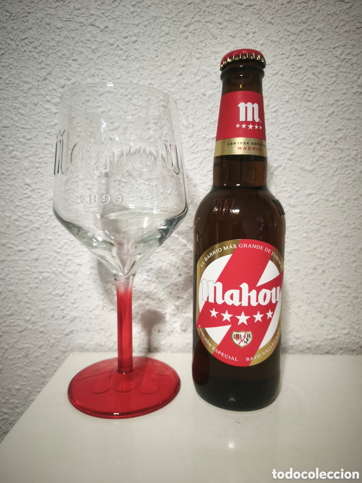 Coleccionismo de cervezas: Botella Mahou Rayo Vallecano + Copa