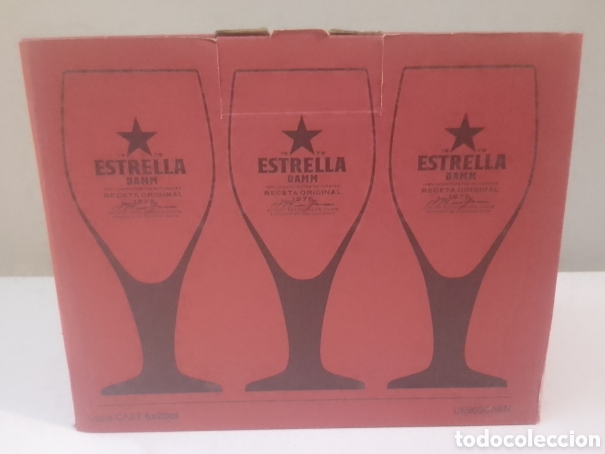 Coleccionismo de cervezas: Caja con seis copas cerveza ESTRELLA DAMM 20 cl.
