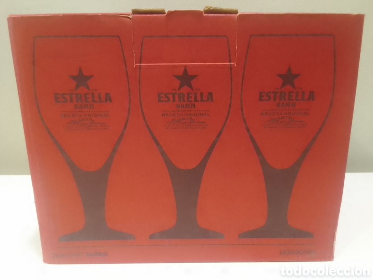 Coleccionismo de cervezas: Caja con seis copas cerveza ESTRELLA DAMM 20 cl.