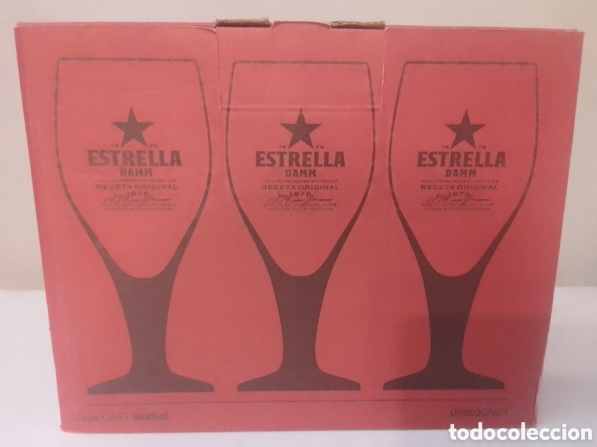 Coleccionismo de cervezas: Caja con seis copas cerveza ESTRELLA DAMM 20 cl.