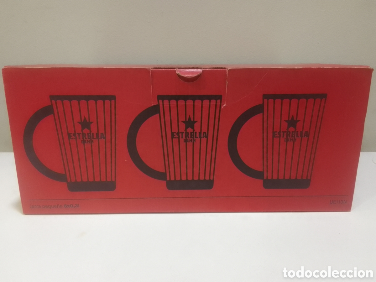 Coleccionismo de cervezas: Caja con seis jarras cerveza ESTRELLA DAMM 0,3l.