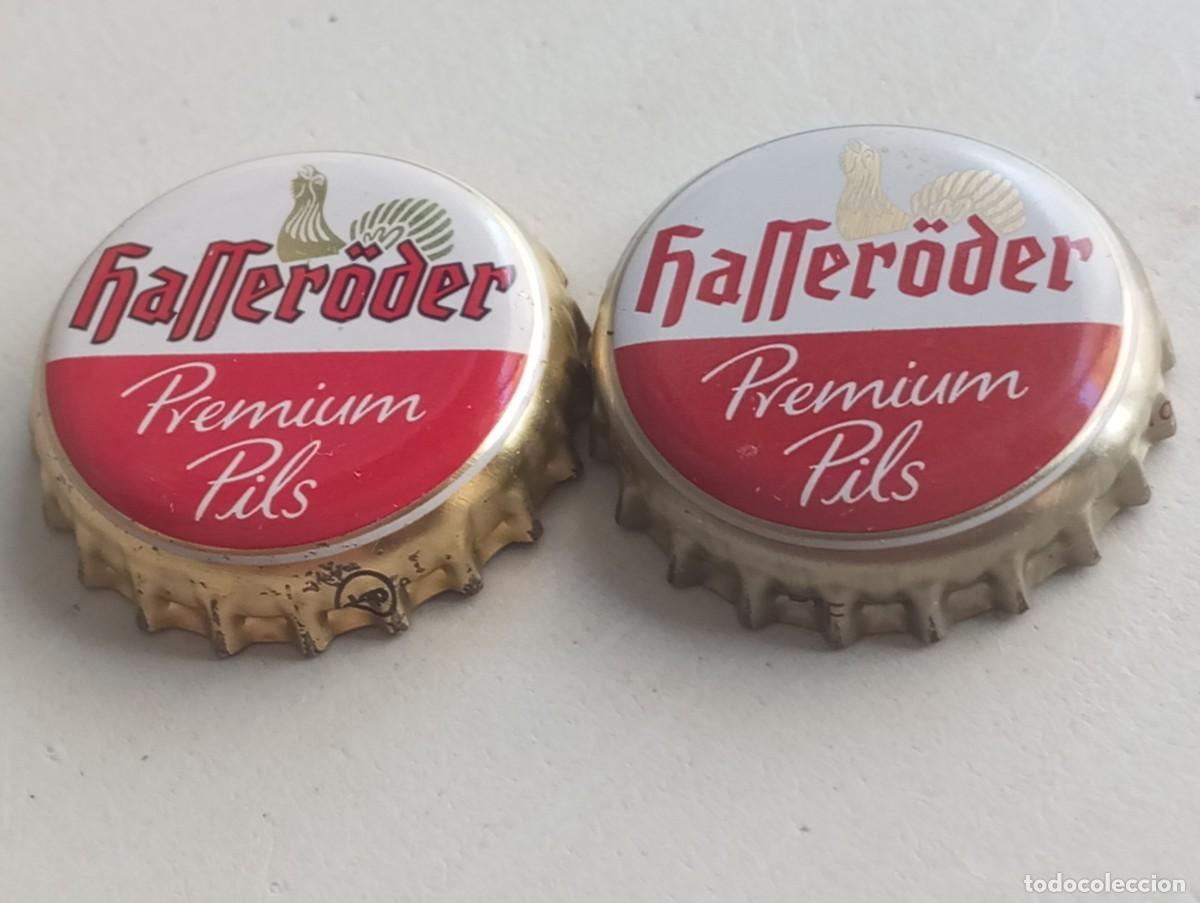 Coleccionismo de cervezas: Lote de 2 chapas tap&oacute;n corona DIFERENTES (tonalidad) de la cerveza alemana HASSER&Ouml;DER PREMIUM PILS