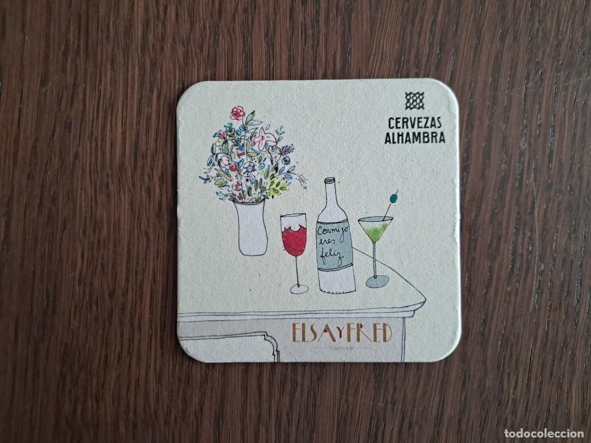 Coleccionismo de cervezas: posavasos de cerveza, Alhambra, con publicidad gastrobar Elsa y Fred, Barcelona.