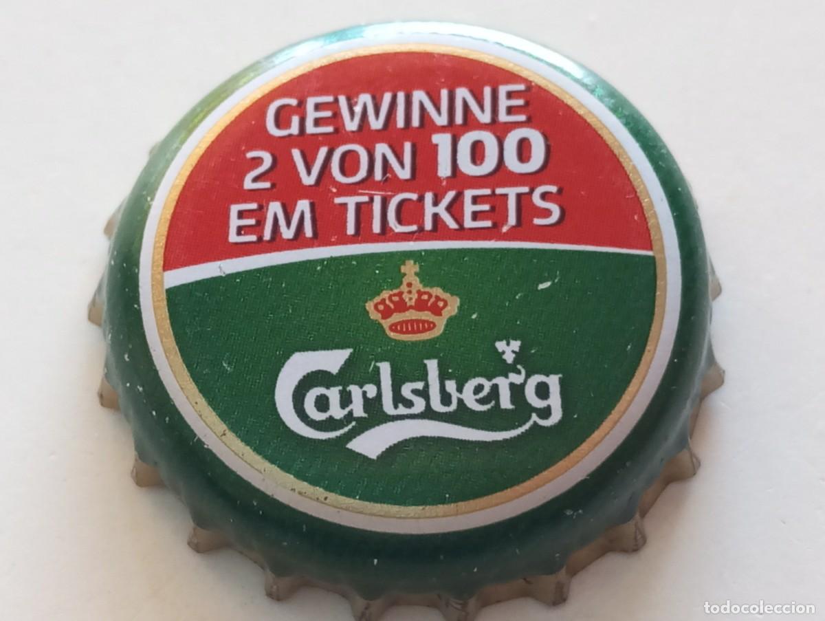 Coleccionismo de cervezas: Chapa tap&oacute;n corona de la cerveza danesa CARLSBERG GEWINNE 2 VON 100 EM TICKETS