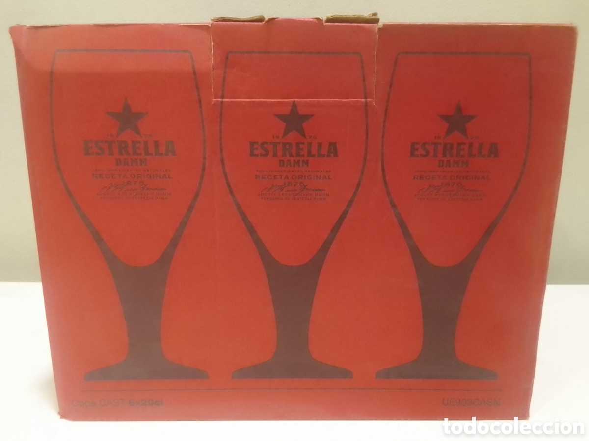 Coleccionismo de cervezas: Caja con seis copas cerveza ESTRELLA DAMM 20 cl.