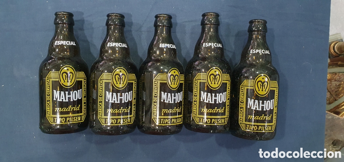 Collectable Beer: Lote de 5 botellas Mahou Madrid Tipo Pilsen. Amarillas. (L133)