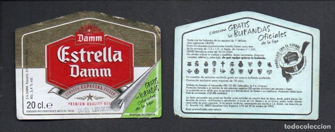 Sammeln von Brauereiartikeln: EIQUETA DE CERVEZA ESTRELLA DAMM, ESPECIAL PILSEN 20 CL. PROMOCION BUFANDAS OFICIALES DE LA LIGA