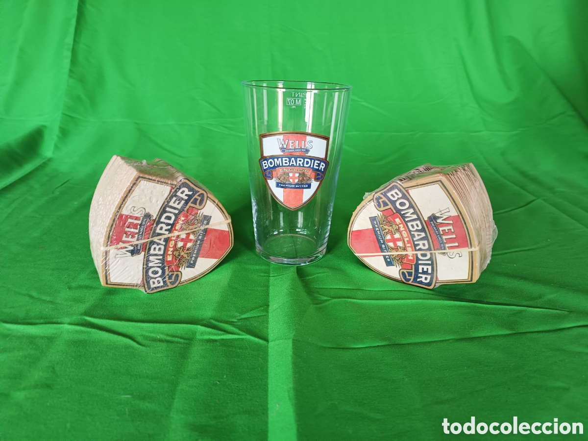 Coleccionismo de cervezas: WELLS Bombardier vintage glass + 100 coasters