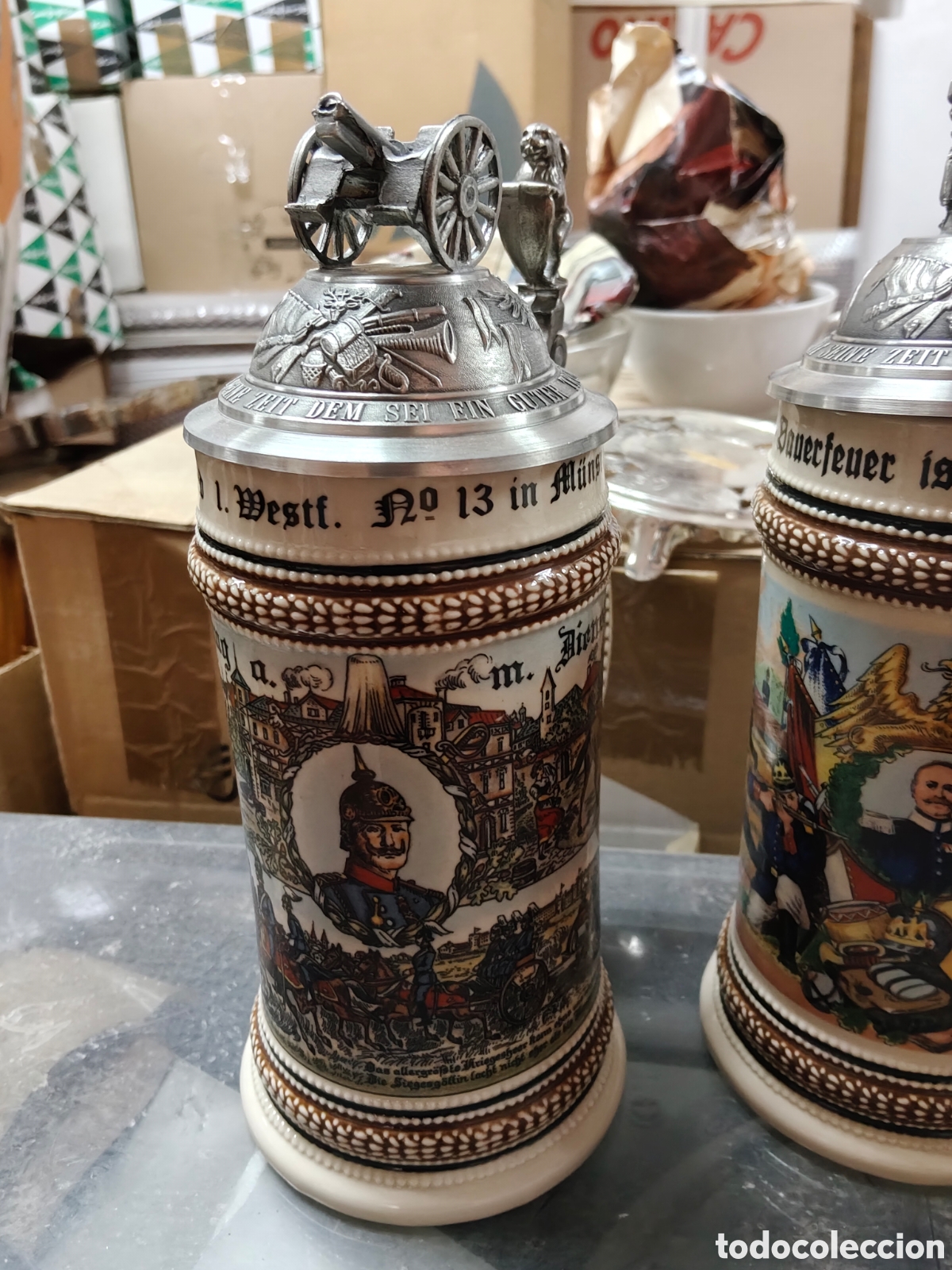 Coleccionismo de cervezas: Jarra de Cerveza Alemana Militaria - 1. Westf. No 13 in M&uuml;nster - Tapa Peltre Ca&ntilde;&oacute;n