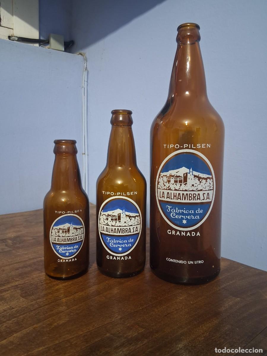Coleccionismo de cervezas: 3 botellas de cerveza La Alhambra Granada quinto tercio y litro