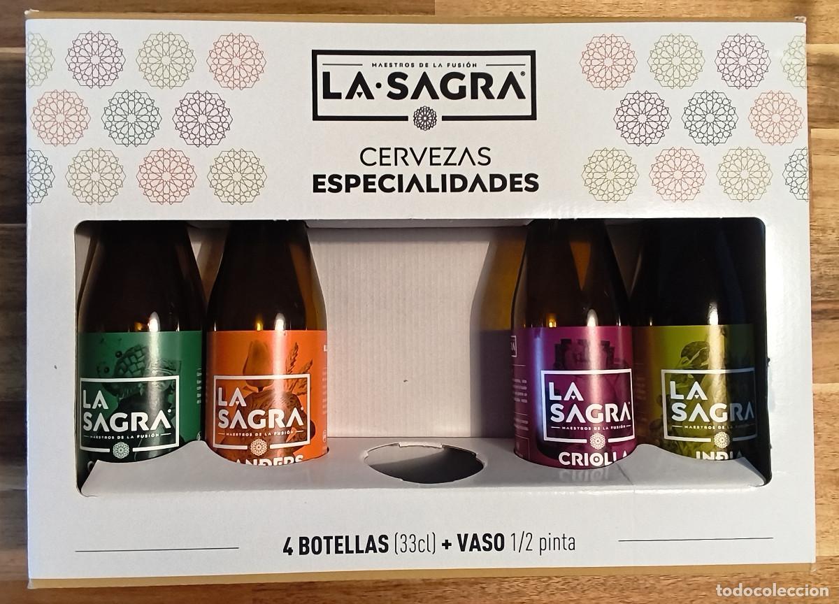 Coleccionismo de cervezas: LOTE 4 BOTELLAS VAC&Iacute;AS con Etiquetas y CHAPA CORONA EN SU CAJA de CERVEZA LA SAGRA La de Toledo