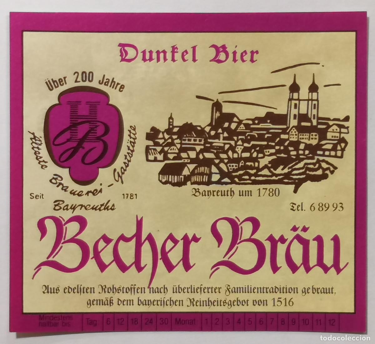Coleccionismo de cervezas: ETIQUETA CERVEZA - BECHER BR&Auml;U DUNFEL BIER - Alemania ( Bayreuth )
