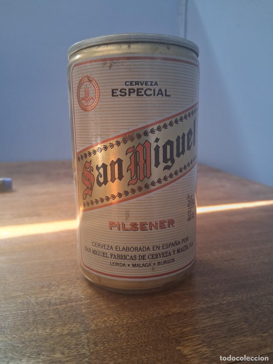 Coleccionismo de cervezas: Lata de cerveza San Miguel L&eacute;rida M&aacute;laga Burgos