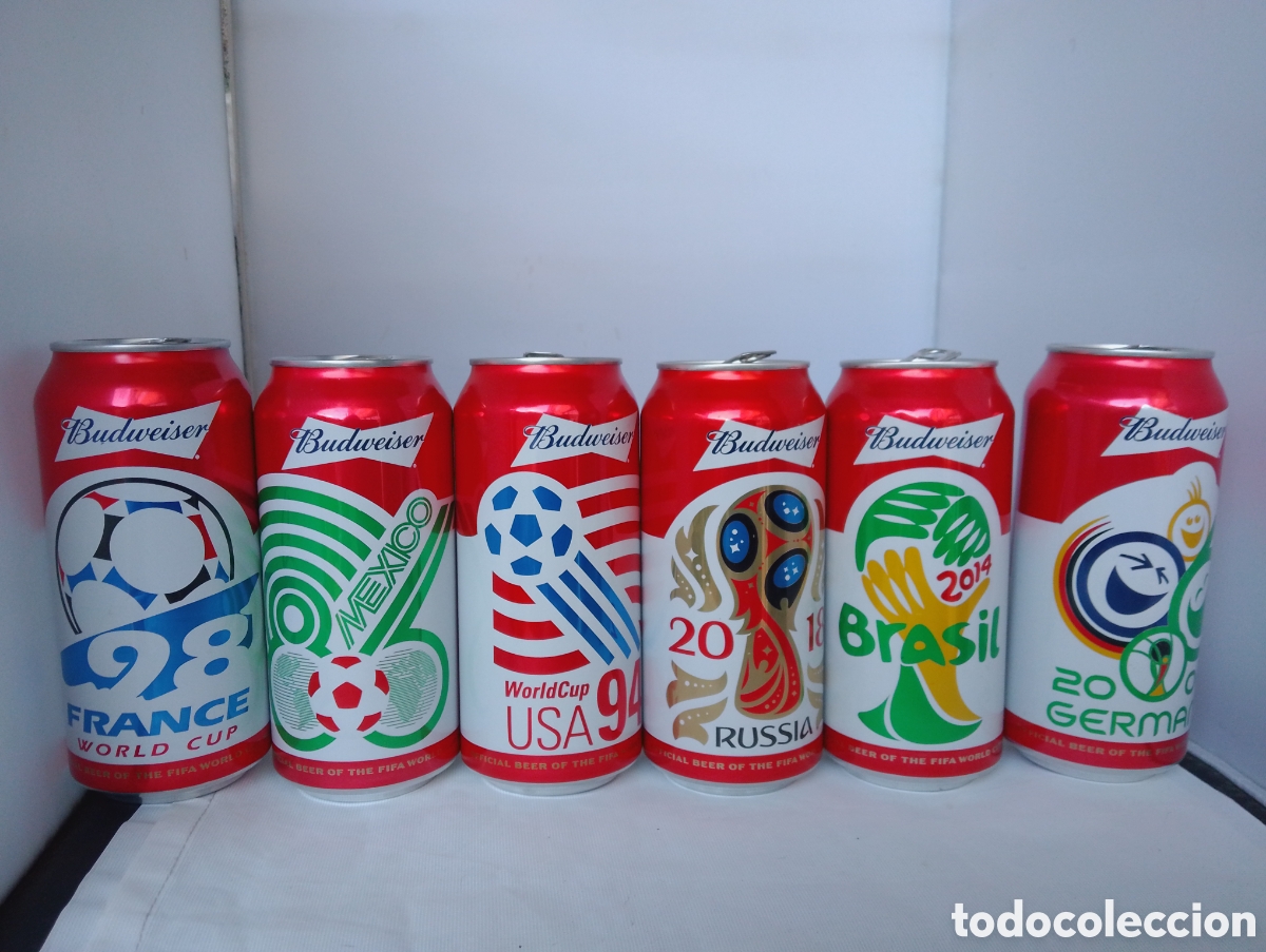 Sammeln von Brauereiartikeln: 6 latas Budweiser cerveza Mundial Futbol