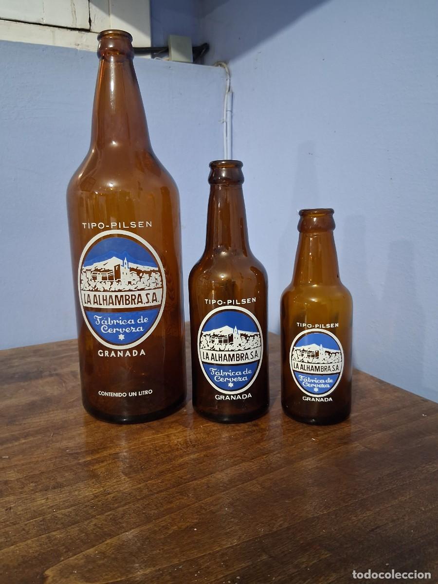 Coleccionismo de cervezas: 3 botellas serigrafiadas cerveza La Alhambra Granada quinto tercio y litro