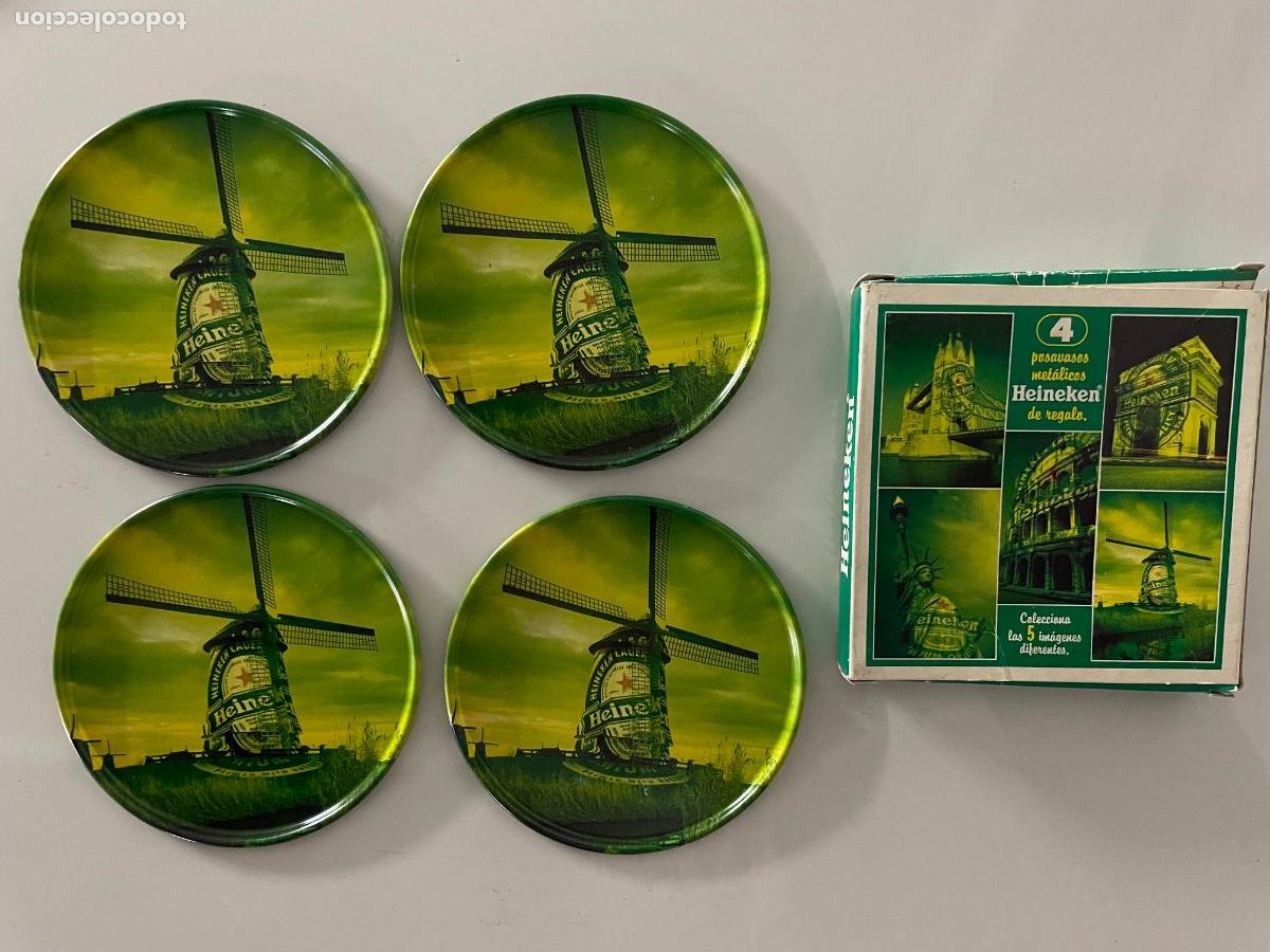 Coleccionismo de cervezas: cerveza Heineken, ocho posa vasos en su caja, dos cajas con cuatro cada una