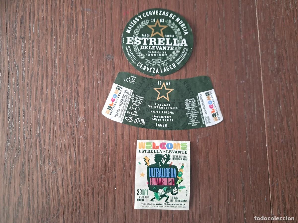 Coleccionismo de cervezas: etiquetas de cerveza, Estrella Levante, welcome, festival bienvenida universidad de Murcia.