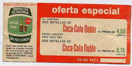 Coleccionismo de Coca-Cola y Pepsi: VALE OFERTA COCA COLA DOBLE - Foto 1