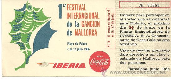 Sammeln von Coca-Cola und Pepsi: PRIMER FESTIVAL INTERNACIONAL DE LA CANCION DE MALLORCA 1964 COCA-COLA