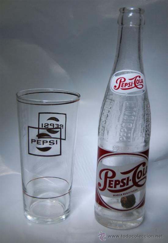 Coleccionismo de Coca-Cola y Pepsi: BOTELLA DE PEPSI COLA + VASO SERIGRAFIADO EN DORADO