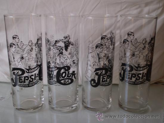 Collecting of Coca-Cola and Pepsi: ANTIGUO CONJUNTO DE CUATRO VASOS DE PEPSI-COLA SERIGRAFIADOS,A&Ntilde;OS 50,60