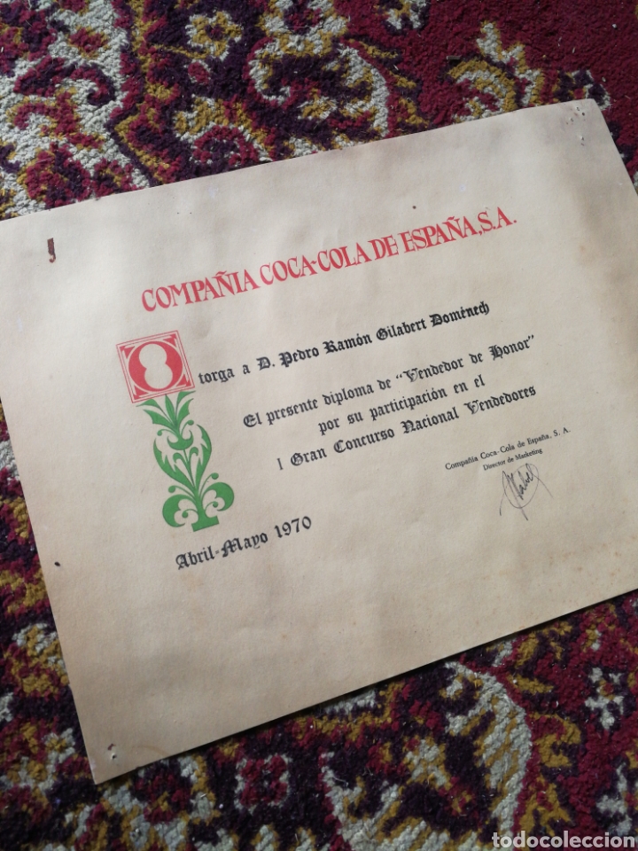 Sammeln von Coca-Cola und Pepsi: DIPLOMA VENDEDOR DE HONOR COMPA&Ntilde;IA COCA-COLA ESPA&Ntilde;A S.A.(1&deg;CONCURSO NACIONAL VENDEDORES),1970.