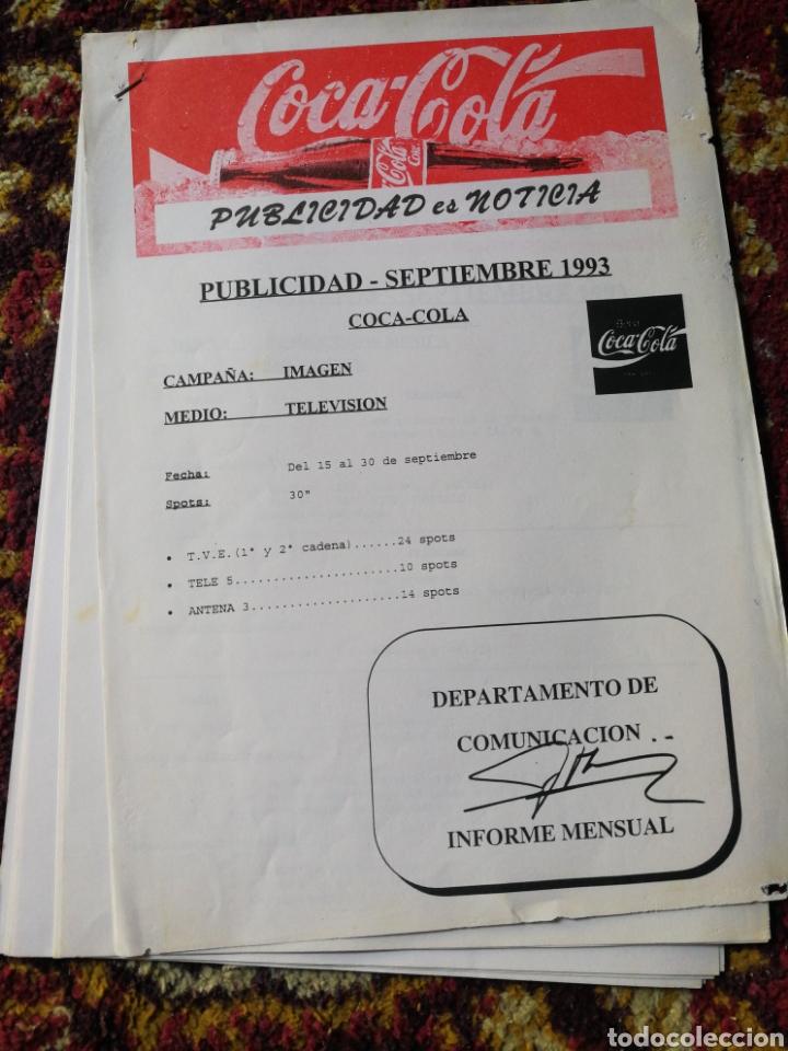 Sammeln von Coca-Cola und Pepsi: NOTICIAS PUBLICIDAD COCA-COLA- DEPARTAMENTO DE COMUNICACI&Oacute;N, PATROCINIOS 1993.