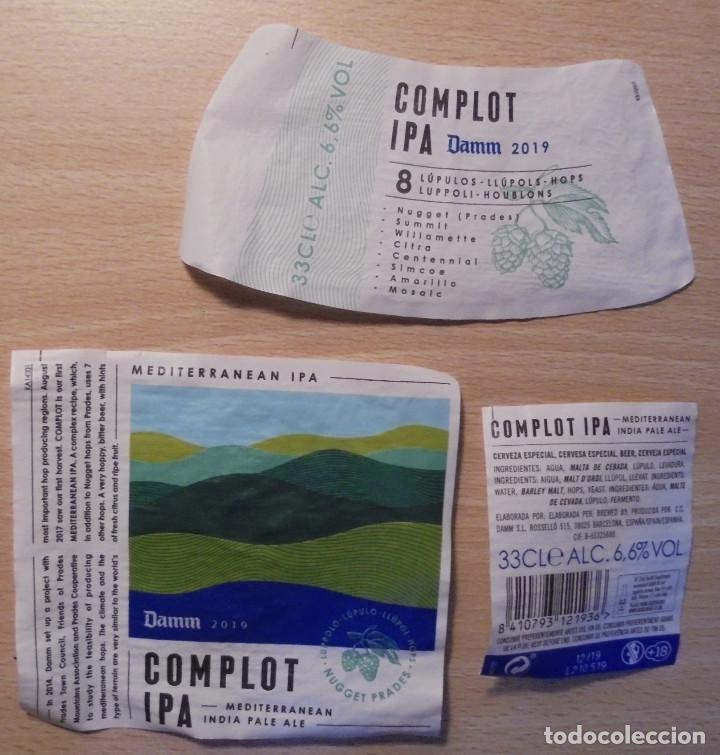 Sammeln von Coca-Cola und Pepsi: ETIQUETA CERVEZA COMPLOT IPA DAMM 2019 DELANTERA, TRASERA Y COLLAR&Iacute;N. 33cl ATENCI&Oacute;N A&Ntilde;O