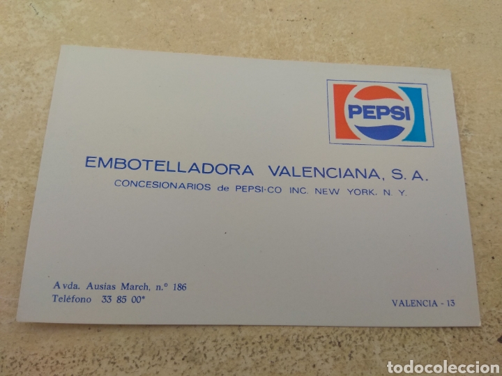 Coleccionismo de Coca-Cola y Pepsi: Antigua Tarjeta Pepsi - Embotelladora Valenciana S.A - Concesionarios de Pepsi Co Inc New York