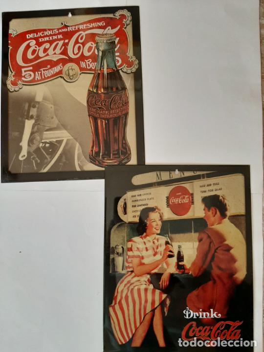 Sammeln von Coca-Cola und Pepsi: Coca Cola, lote 2 carteles metal reproducci&oacute;n vintage, 28x23 cm