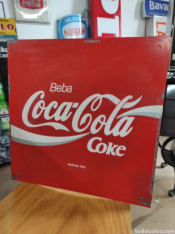 Collectionnisme de Coca-Cola et Pepsi: Antiguo cartel publicitario de metal a dos caras beba Coca-Cola 45x45cm
