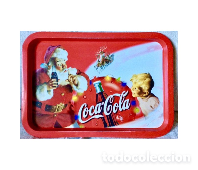 Collectionnisme de Coca-Cola et Pepsi: Coca Cola, bandeja met&aacute;lica vintage navide&ntilde;a. Santa Claus y ni&ntilde;o.