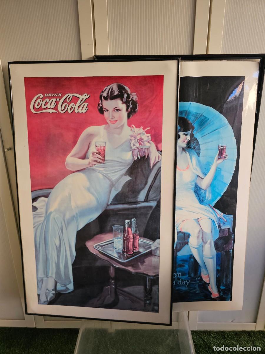 Coleccionismo de Coca-Cola y Pepsi: Dos poster Coca Cola vintage, grandes, plastificados, con marco, ver descripci&oacute;n. Cuadros Coca Cola.