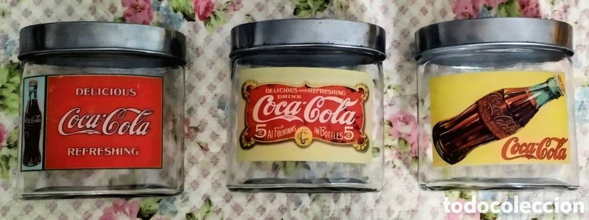 Coleccionismo de Coca-Cola y Pepsi: 3 TARROS de CRISTAL con TAPA MET&Aacute;LICA de COCA-COLA retro vintage TODOS NUEVOS SIN ESTRENAR