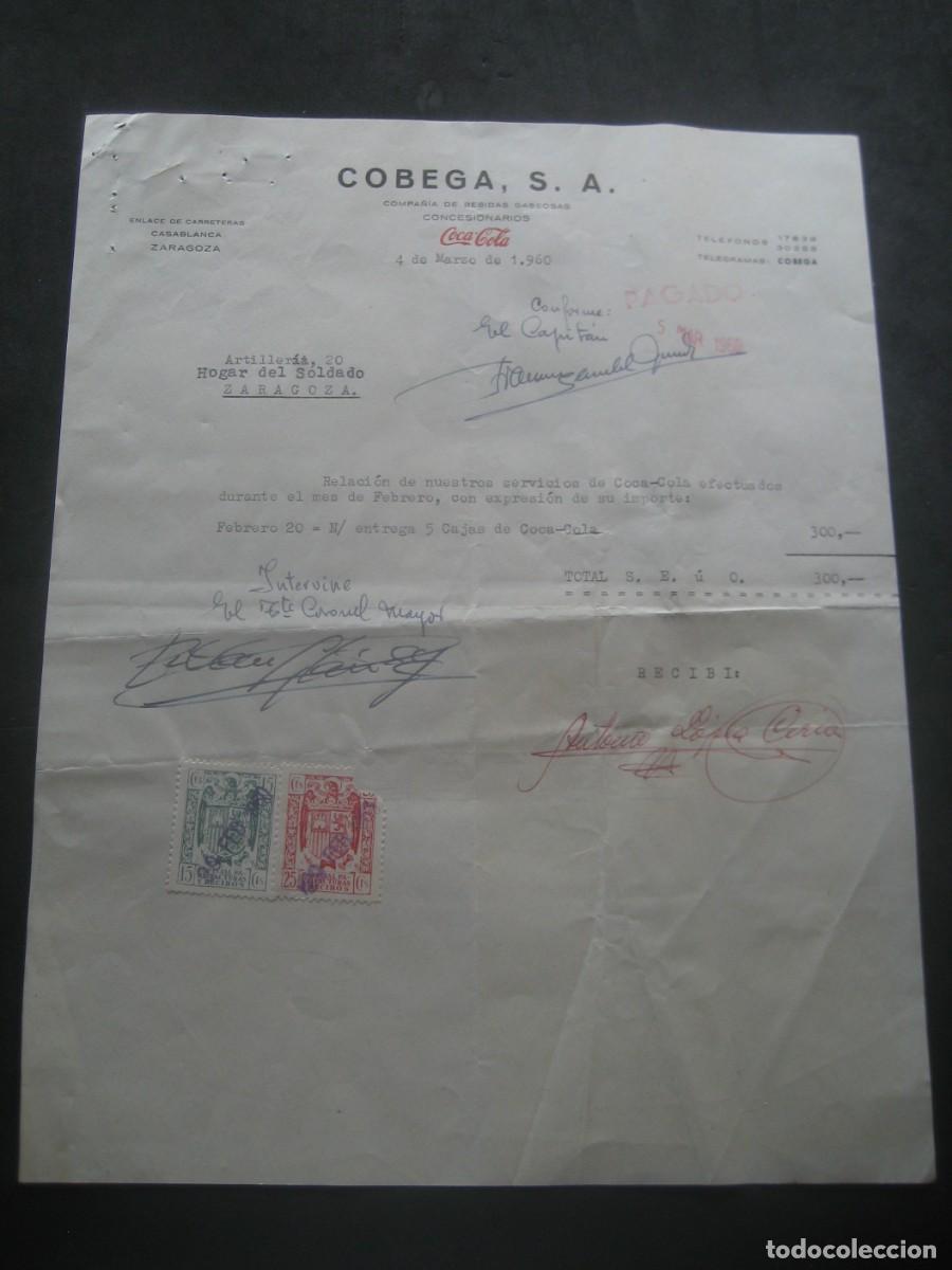 Coleccionismo de Coca-Cola y Pepsi: FACTURA COCA COLA. COBEGA S.A. ZARAGOZA 1960. CON SELLOS. PARA EL EJERCITO