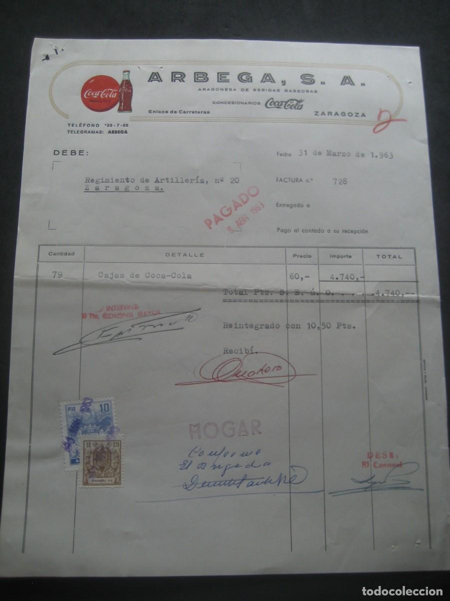 Coleccionismo de Coca-Cola y Pepsi: FACTURA COCA COLA. ARBEGA S.A. ZARAGOZA 1963. CON SELLOS. PARA EL EJERCITO