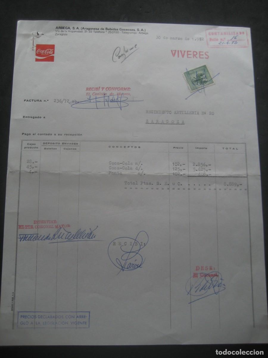 Coleccionismo de Coca-Cola y Pepsi: FACTURA COCA COLA. ARBEGA S.A. ZARAGOZA 1972. CON SELLOS. PARA EL EJERCITO